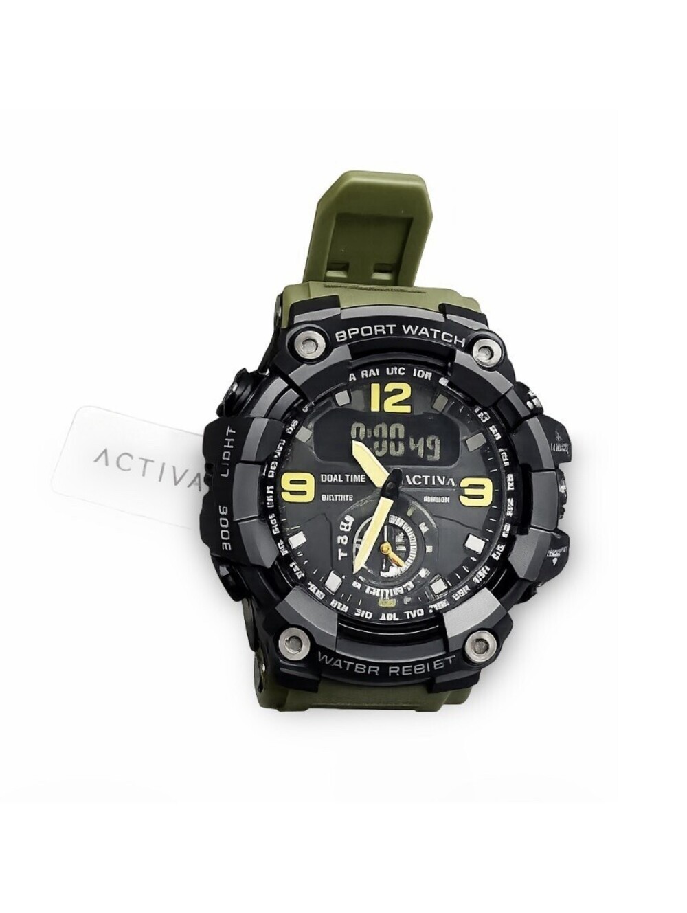 ACTIVA Dual Time Sport Watch Olive Green Black Analog Digital Tactical New Tag